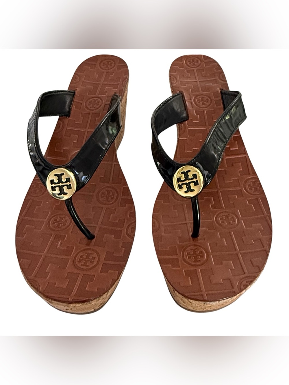 Tory Burch Thora Wedge Sandals Size 9 Black Patent Leather Gold Logo Cork Heel